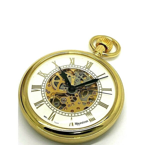 Majestrom Pocket Watch Gold Tone Case Silver Dial Roman Numerals 51mm Op… - Picture 1 of 11